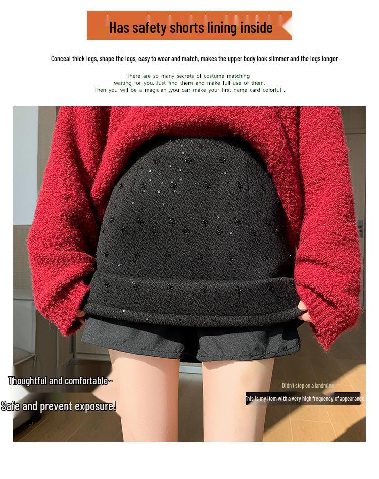 Women's High-Waist Sequined Wool A-line Skirt - Autumn/Winter