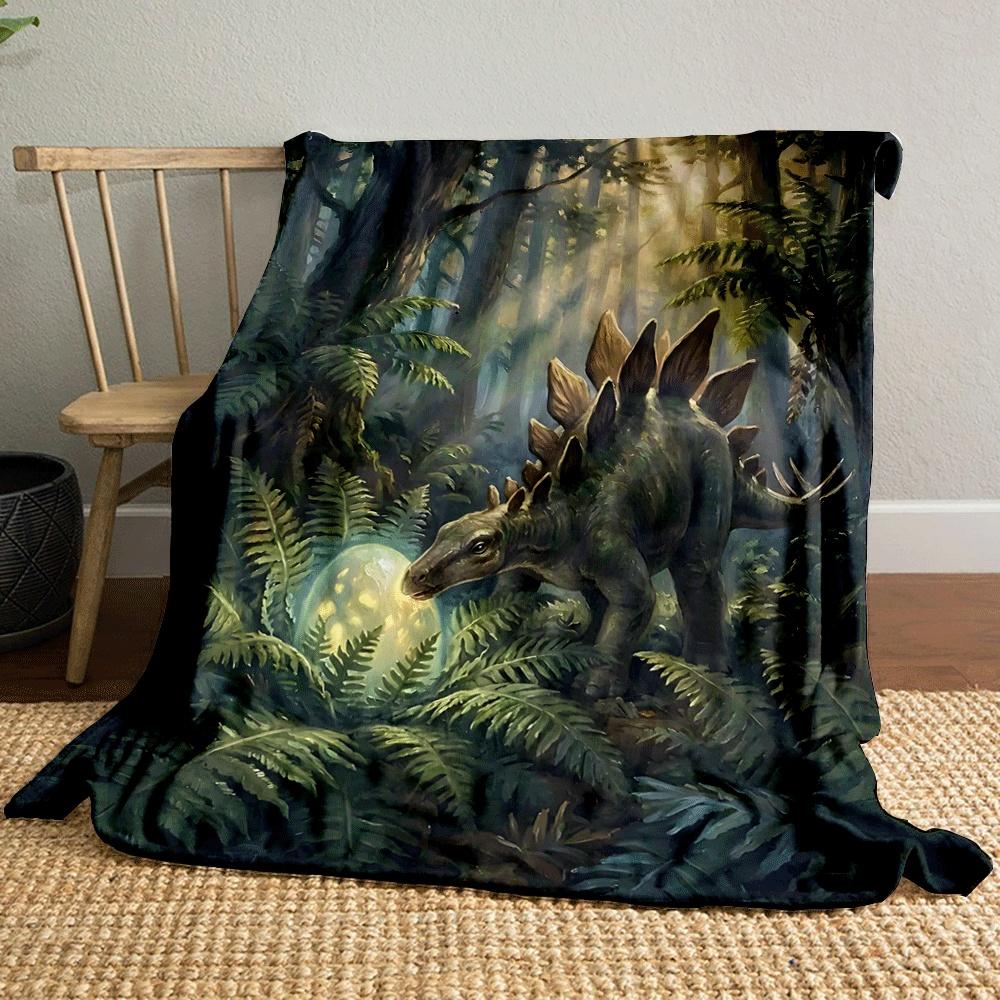 A Stegosaurus In a Lush Forest Examines a Glowing Egg Among Ferns. for All Seasons Blanket Lunch Break Throw Gift