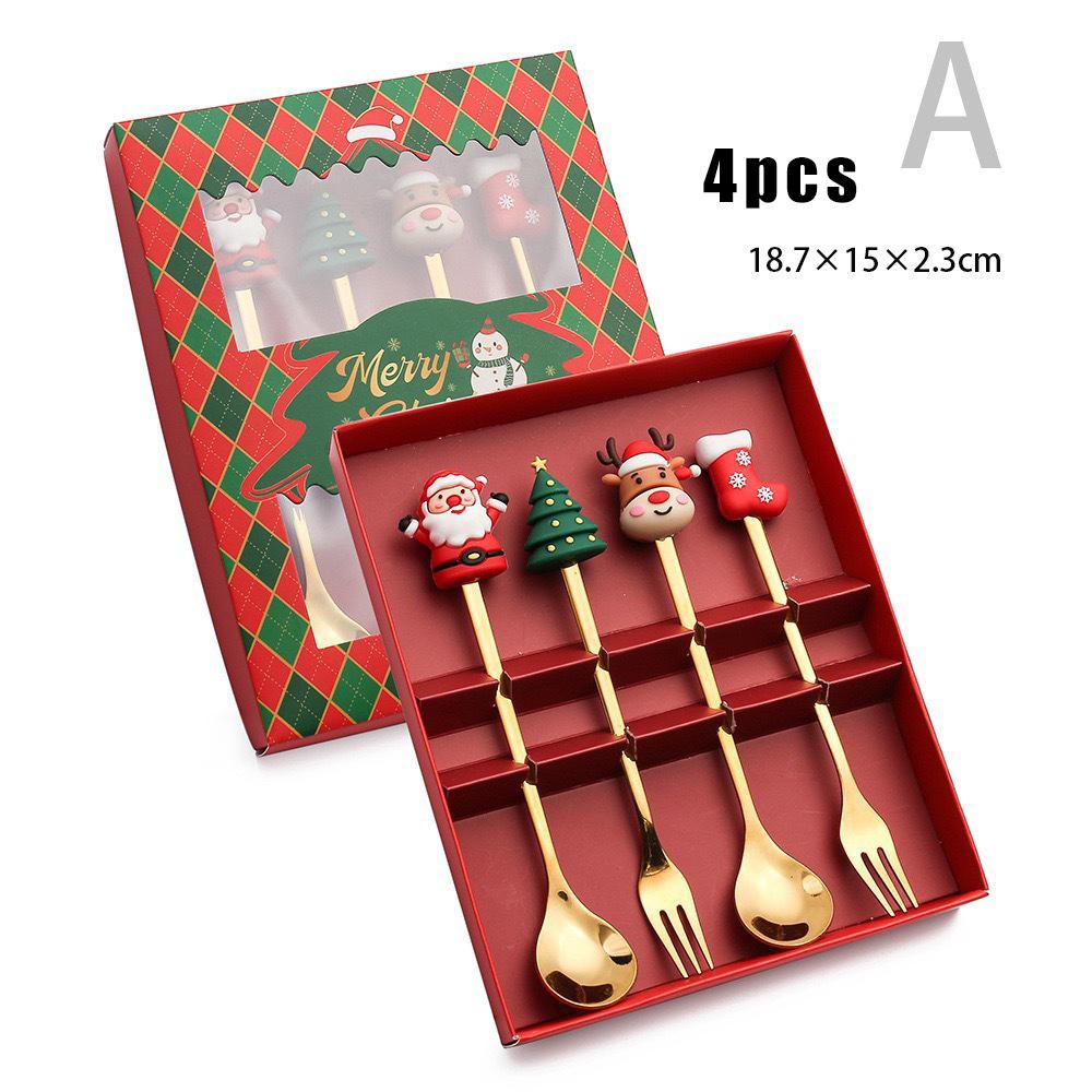 6pcs Christmas Coffee Spoons Forks Set Stainless Steel Santa Claus Dessert Spoon Forks Christmas Gifts for Kids Gift Box Set