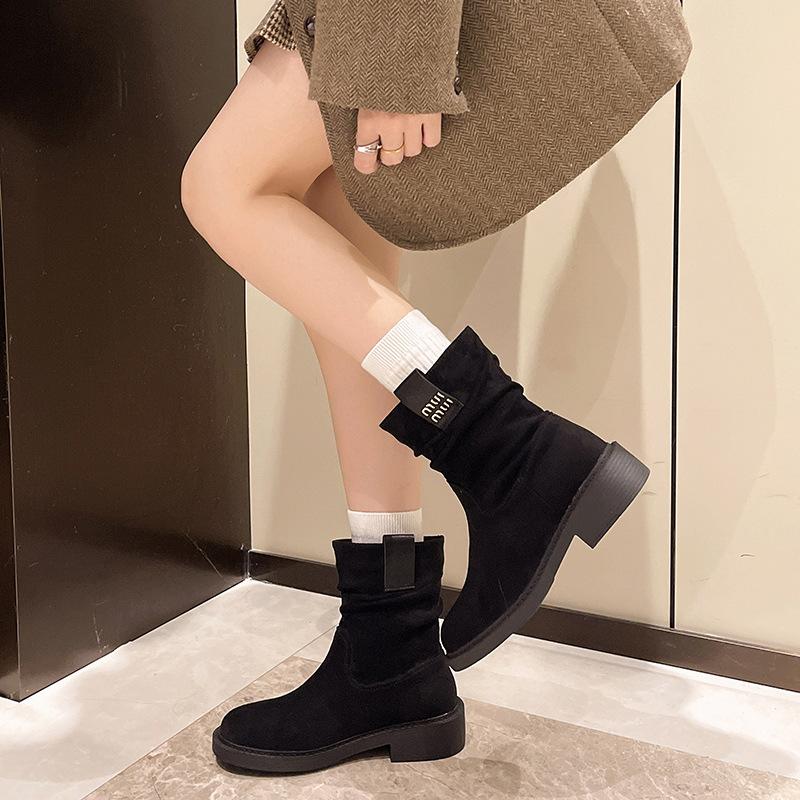 Fleece retro pleated suede Martin boots 2024 autumn and winter new small pile boots small short boots women