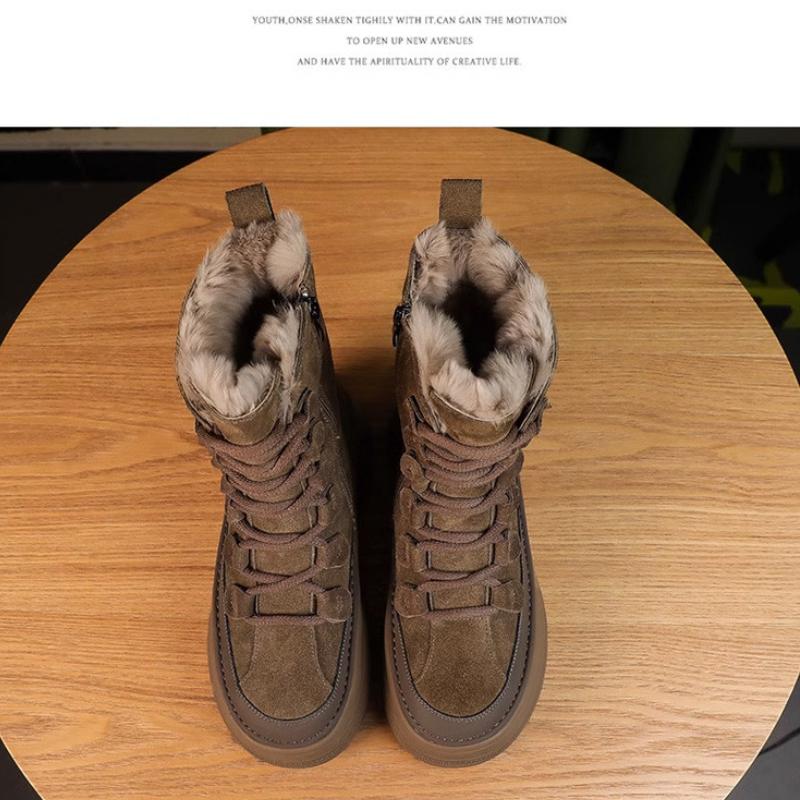 Fashion British Style Winter Nubuck Snow Boots Women's Thick Sole Plush Fur Warm Shoes Round Head Cross-tied Short Ankle Booties