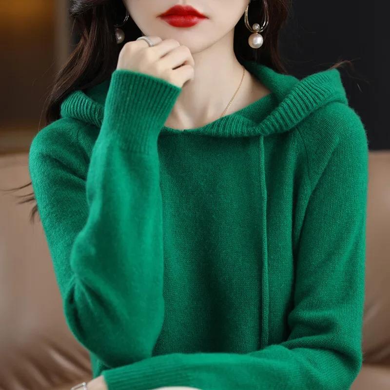 Pull à capuche pour femme, pull coréen ample, solide, manches longues, décontracté, automne hiver, épais, chaud, tricoté