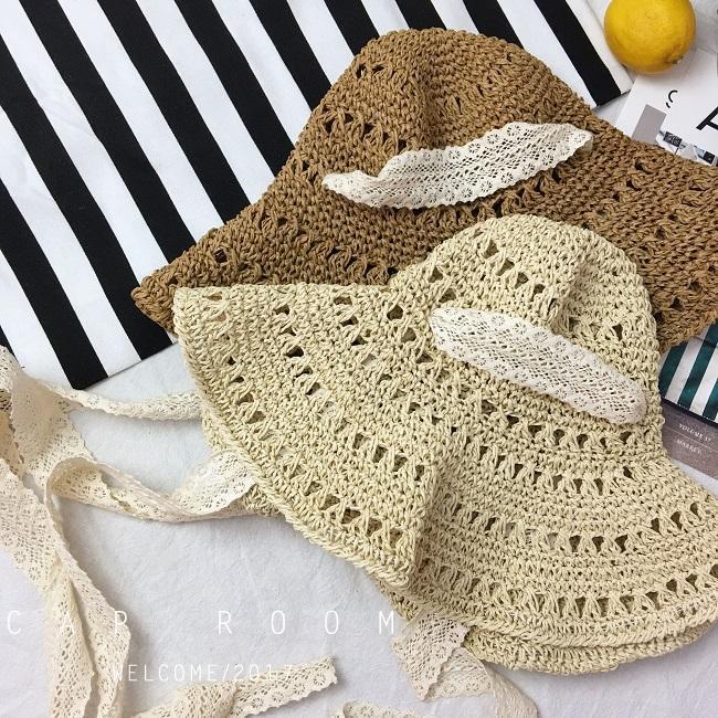 Lace Strap Fisherman Straw Hat Female Summer Eaves Sunshade Travel Straw Folding Beach Sun Hat