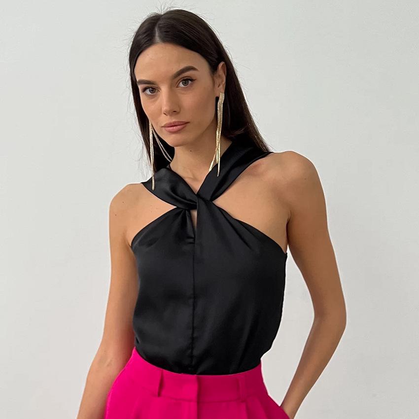 2023 Euro-American Fashion Solid Color Halter Neck Twist Knot Women's Sling Vest