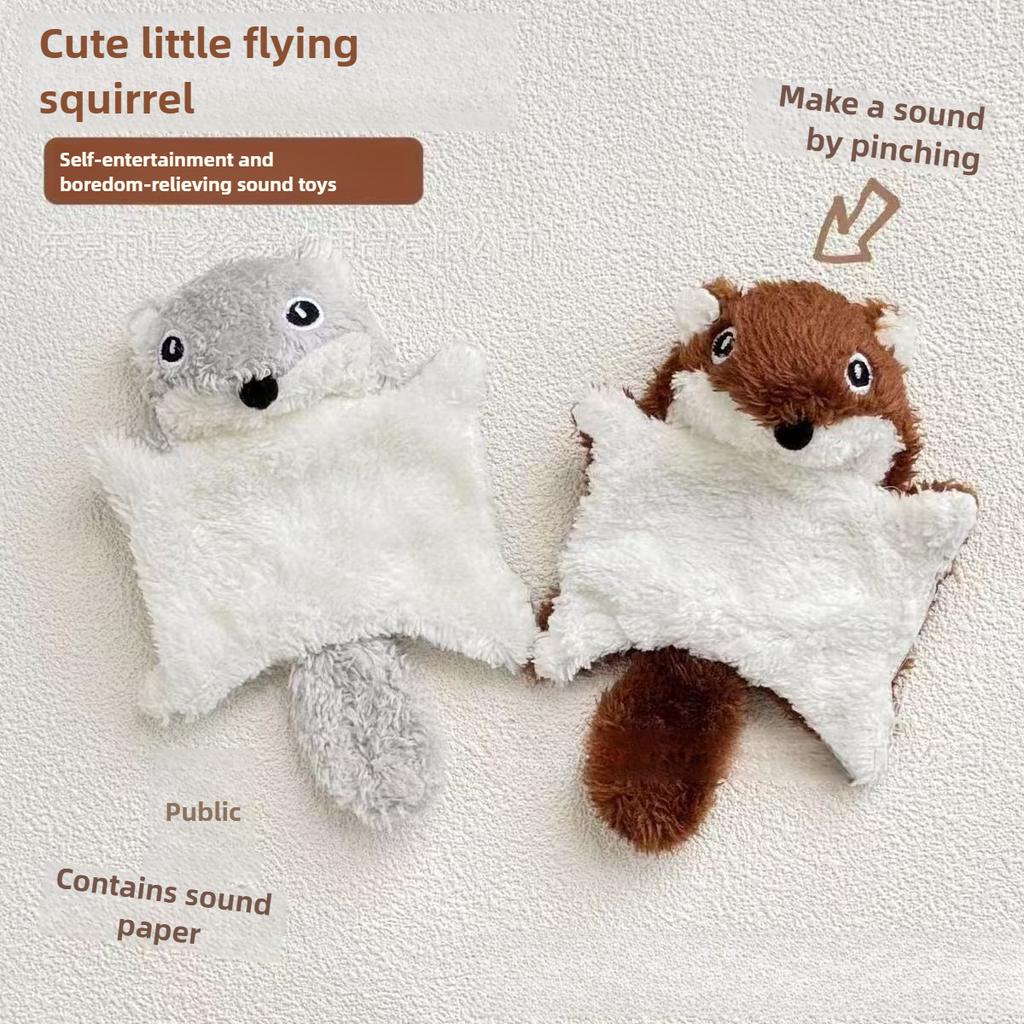 Durable Squeaky Plush Flying Squirrel Cat Toy with Crinkle Paper and Bell for Chewing Teething Puppy Pet Playtime