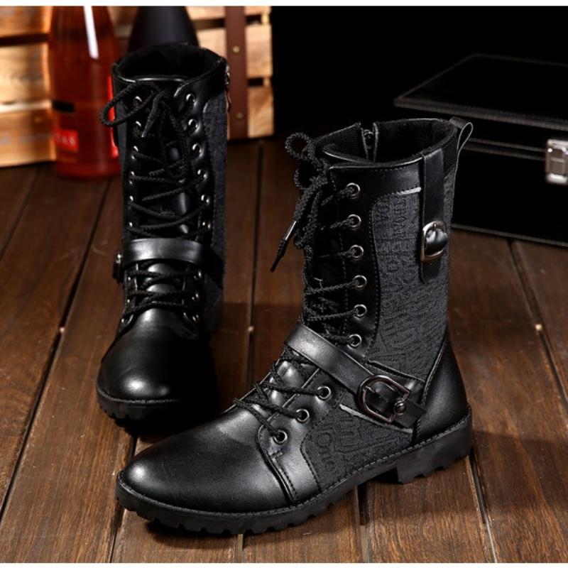 Fashion Men's British-Style Motorcycle Boots Mid-Calf Leather Biker Shoes Trendy All-Season Comfortable Riding Footwear for Urban Men