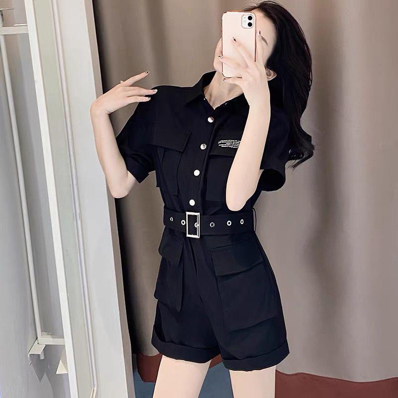 

2026 Summer Women s Workwear Jumpsuit: Trendy, Casual, Loose-Fit, Straight Short Pants S чёрный