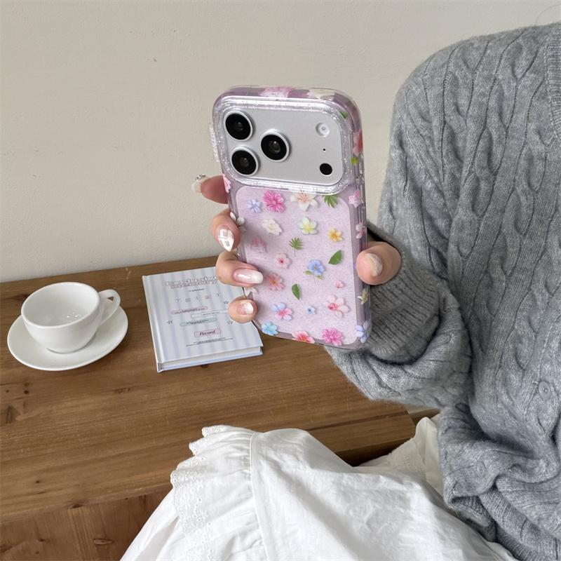 Cute Kawaii Purple Glitter Floral Phone Case For iPhone 17 16 15 14 Pro Max Pastel Flower Print Protective Cover for Girls