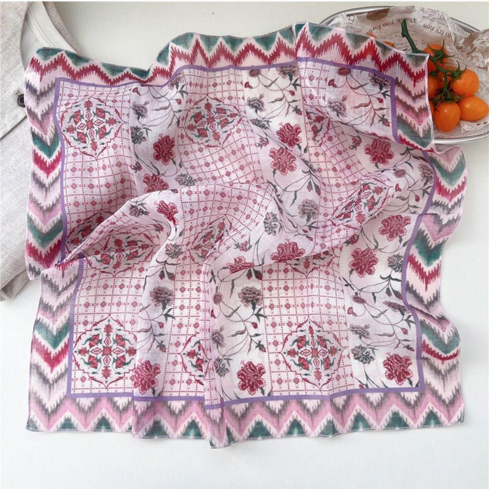 Cashew Small Square Scarf Floral Printed Silk Scarf Retro Cotton Linen Print Scarves Outdoor