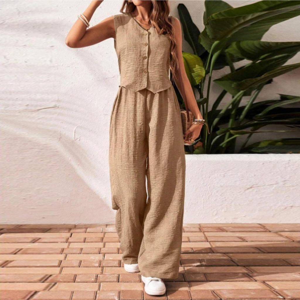 Women's Casual V-Neck Vest Linen-Cotton Blend Set