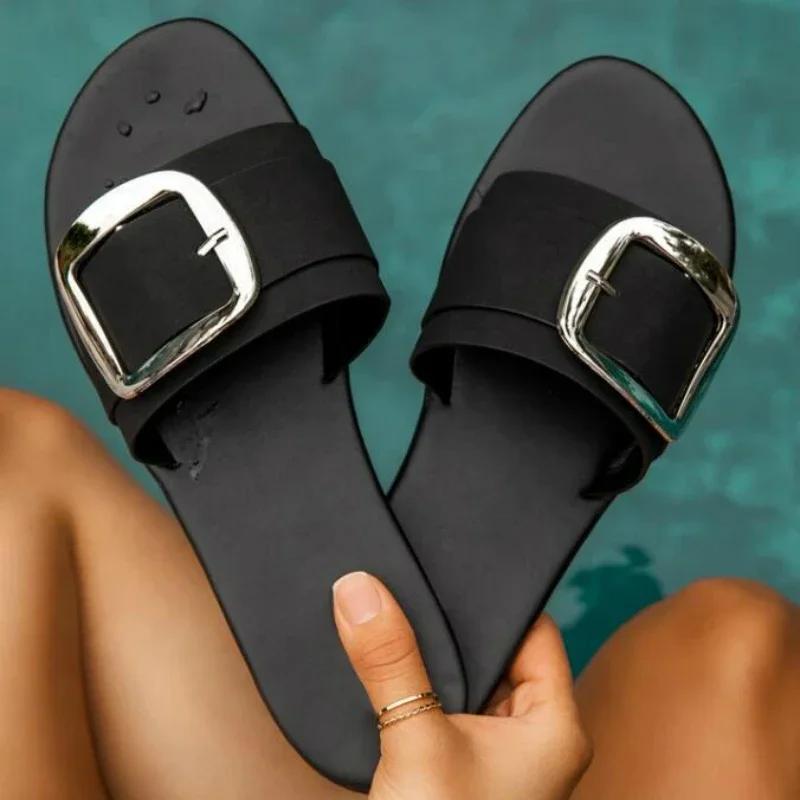 Fashion Summer New Women Slippers Fashion Upper Buckle Decoration Flat Heel Peep Toe ladies shoes Elegant Beach Outdoor Slides