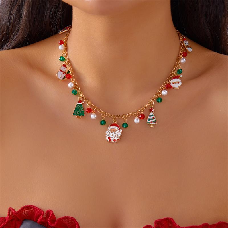 Fashion Christmas Metal Chain Necklace For Women Crystal Zircon Elk Santa Claus Snowman Bell Xmas Tree Pendant Choker Jewelry