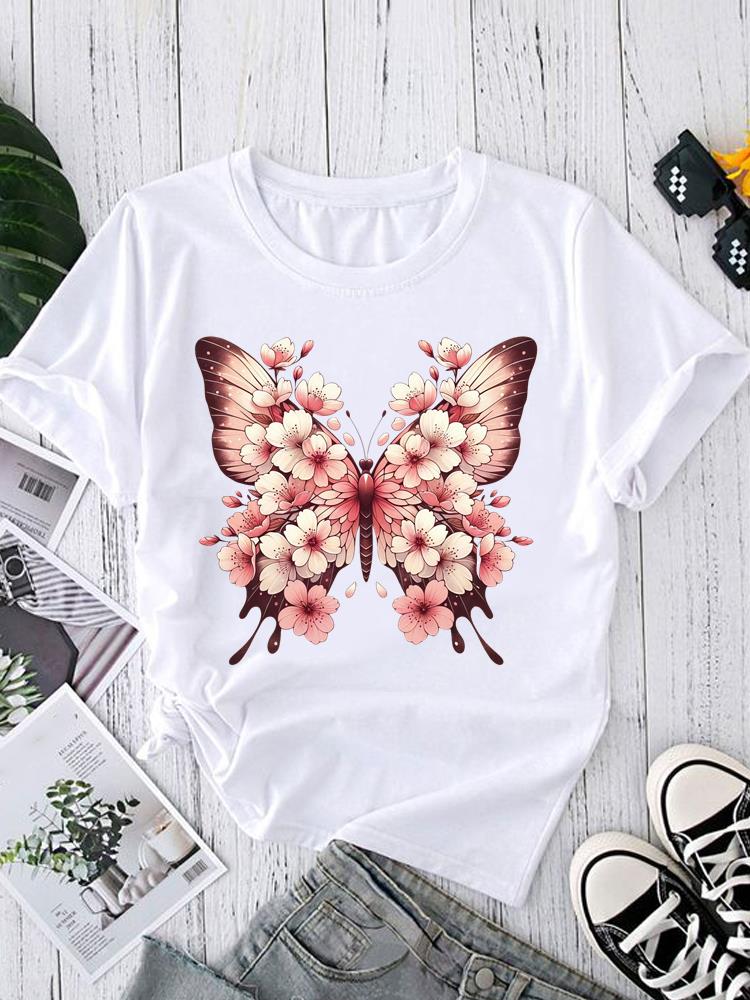 (Asian Size) Short Sleeve T-shirts O-neck Casual Clothing Fashion Female flower style cute Women's Top T shirt Printed Graphic Tee