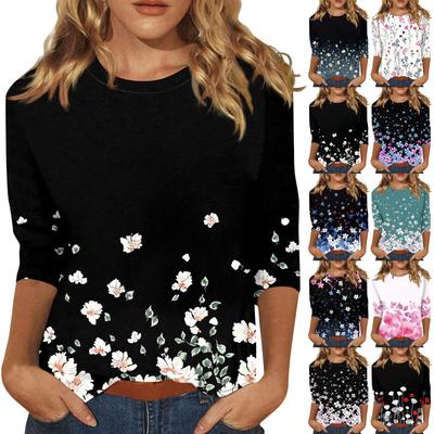 3/4 Sleeve Tops For Women T-Shirt Casual  Print Tops T Shirt Round Neck Pullover Blouse