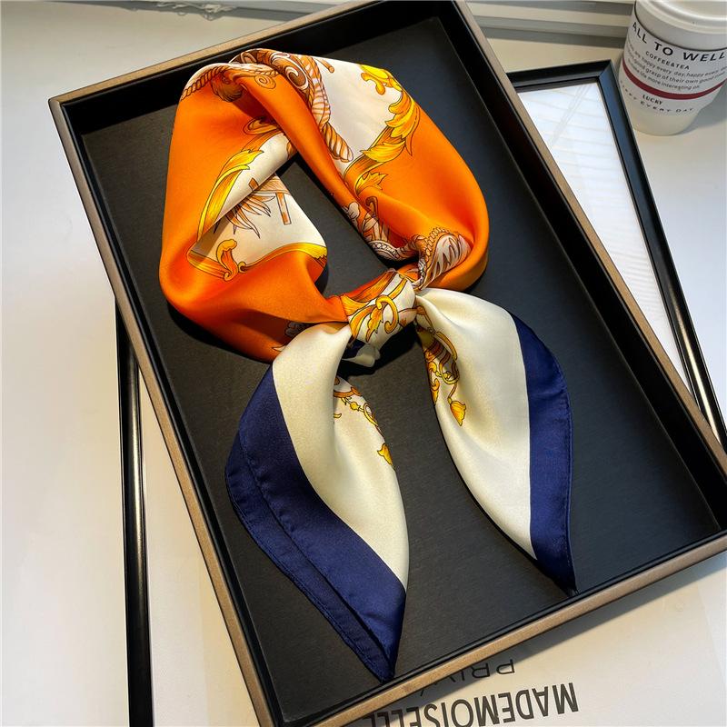 Elegantes Damen Satin-Quadratuch mit Orange-Blauem Altar-Print Seidenimitat Tuch Atmungsaktiv Winddicht Modeaccessoire