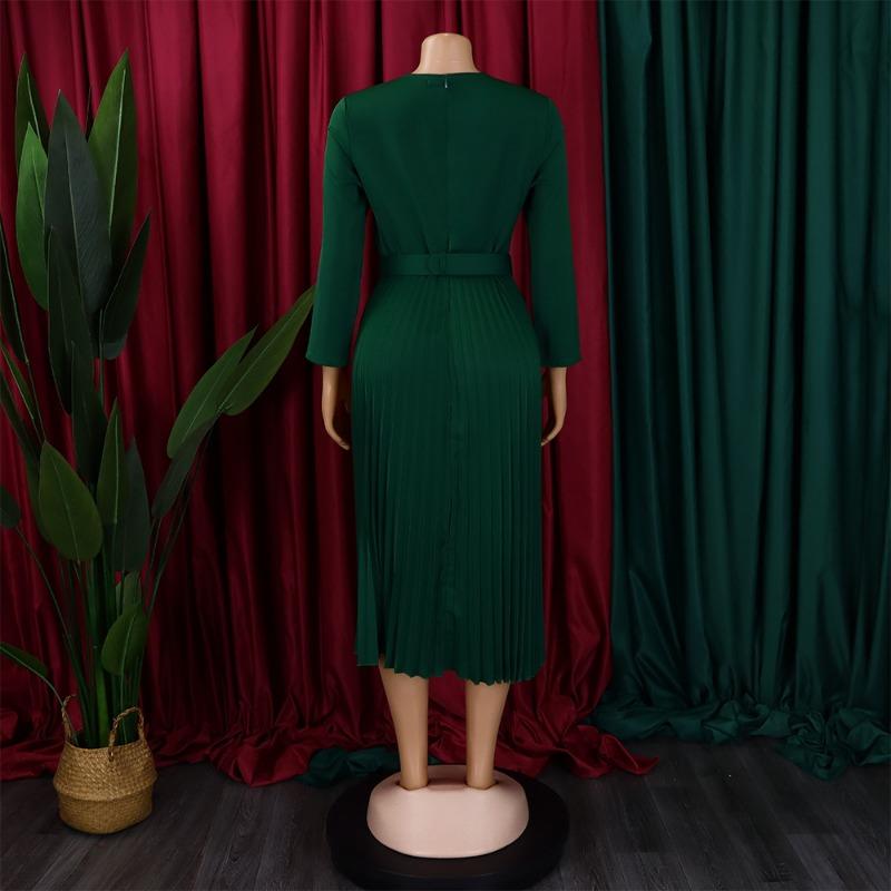 Women Elegant Solid Color High Waist Pleated Office Plus Size A Line Midi Dress