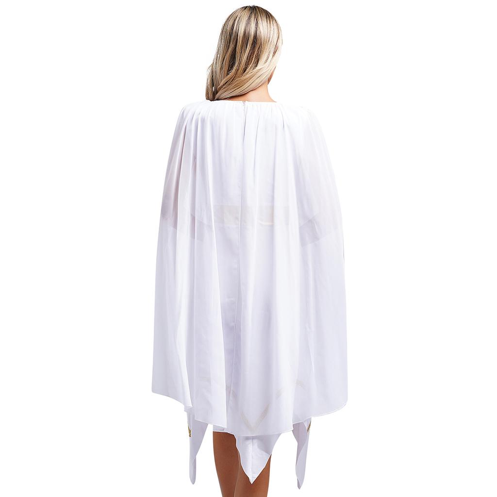 Womens Ancient Greek Roman Tunic Dress Long Cape Sleeve Gold Trim Asymmetrical Hem Halloween Dance Costume