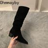 Vintage Pleated Woman Knee High Boot Elegant Low Heel Autumn Winter Shoes Ladies Pointed Toe Knight Long Booties