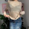 Women's T-Shirts Y2k Vintage Knitted Beach Cover-Ups Hollow-Out Solid Color Long Sleeve O Neck See-through Oversized
