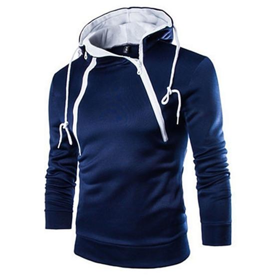 Autumn Winter Men Double Zipper Long Sleeve Color Block Coat Hoodie Sweatshirt