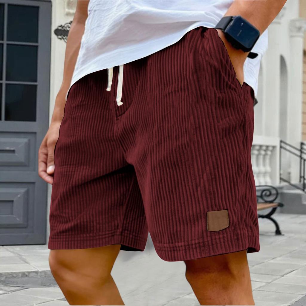 Męskie szorty casualowe - elastyczny pas, sznurek ściągający, vintage, haftowany sztruks, stylowe szorty casualowe