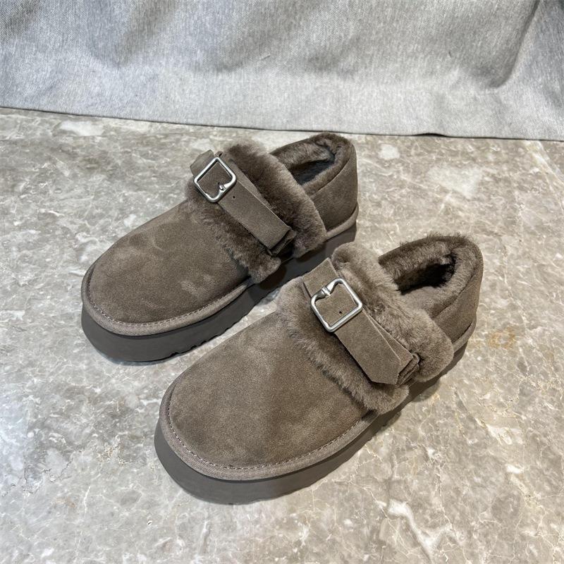 European Station frosted soft leather shoes winter round head one pedal muffin bottom warm shallow mouth cotton shoes board shoes