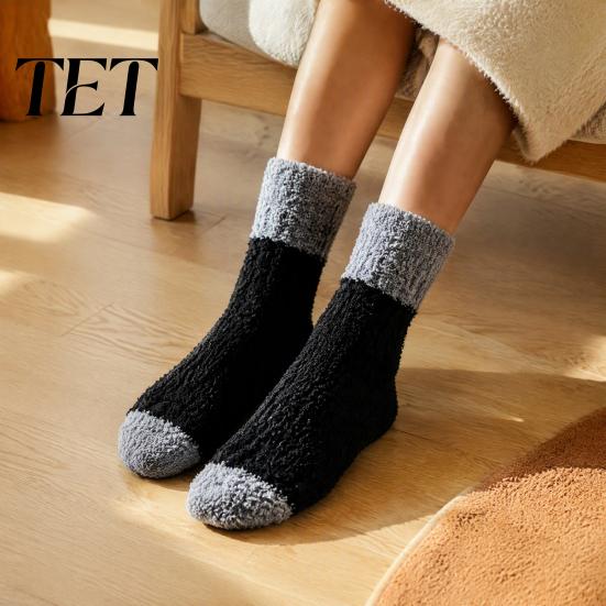 Heat Retaining Lounge Socks Thickened Long Plush for Women, Warm Coral Fleece Socks, Winter Home Foot Warmers Thermal Sleep Anti-static Contrast Color