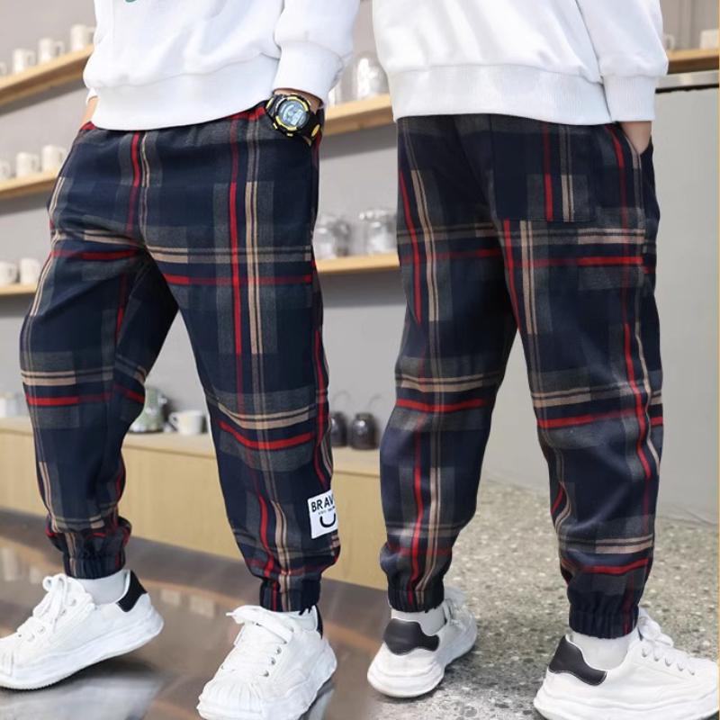 Autumn and Winter Fashion Boys Plaid Pants Children's Casual Loose Plus Velvet Warm Trousers Sports Pants Youth and Children's Pants