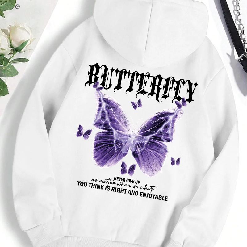 Beautiful Purple Butterfly Printing Hoodies Women Fleece Pocket Hoody Simple Casual Hoodie Autumn Loose Female Streetwear