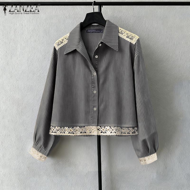 ZANZEA Women Turn Down Collar Long Sleeve Casual Stripe Blouse