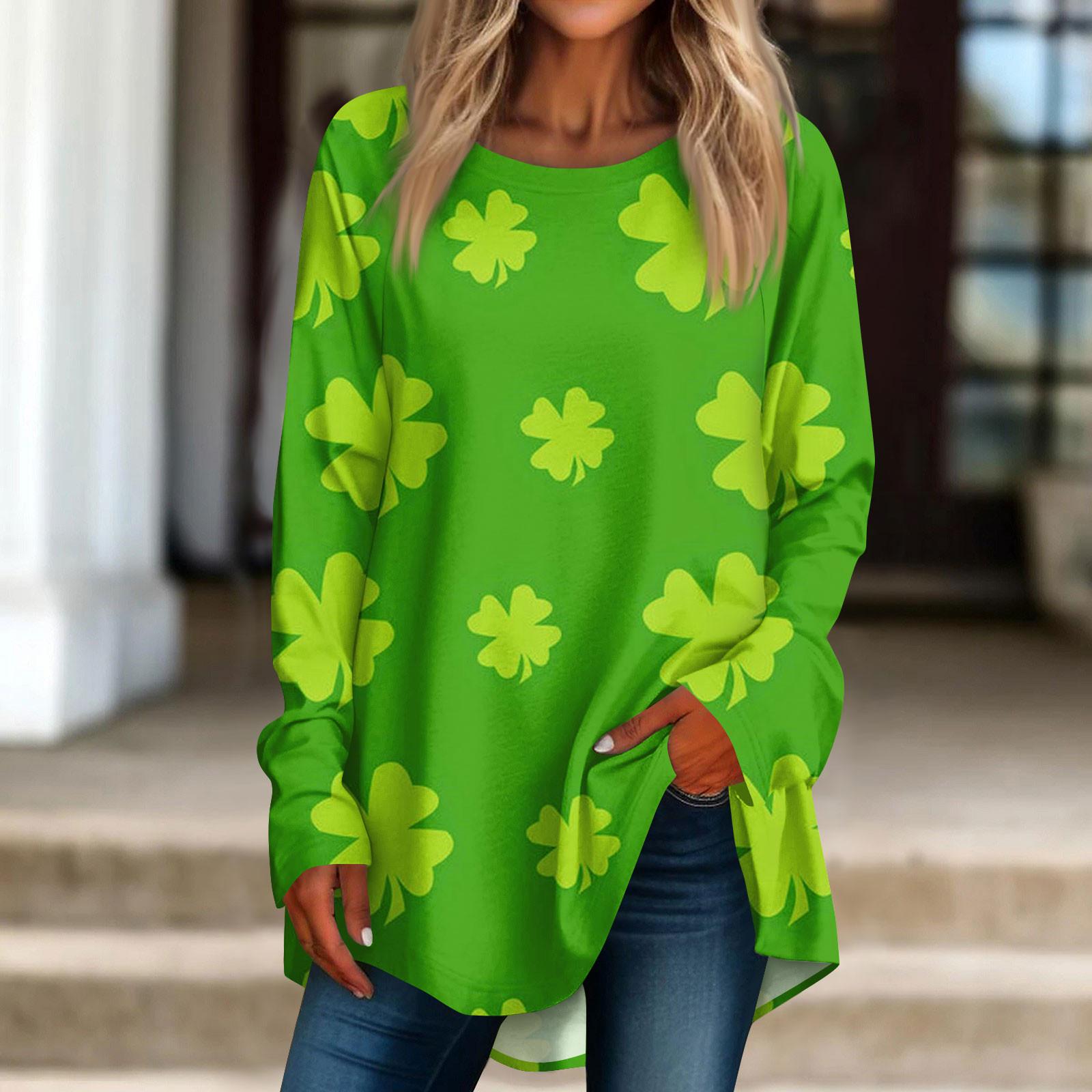 

Женская повседневная одежда с круглым вырезом St. Футболка с длинными рукавами и принтом ко Дню Святого Патрика XXXL зелёный