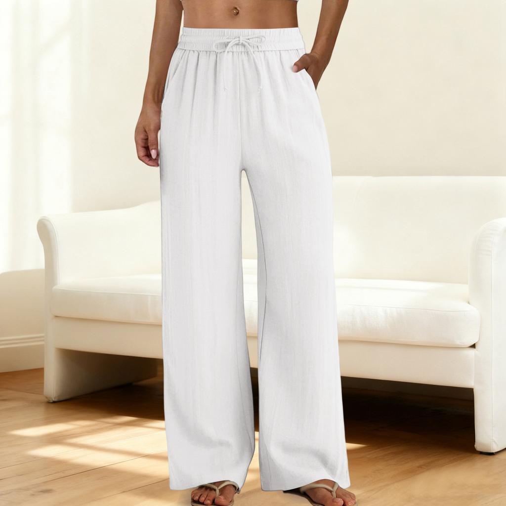Wide Leg Pants for Women Flowy  Drawstring Elastic Waist Trousers with Pockets Summer Beach Vacation Clothes