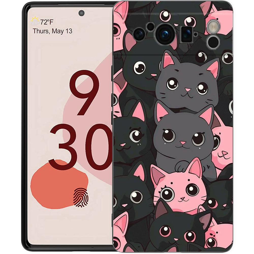 Cute Cat Phone Case For Google Pixel 9 8 7 6 Pro XL 8A 6A 7A 5G Soft Shockproof TPU Black Cover Fundas