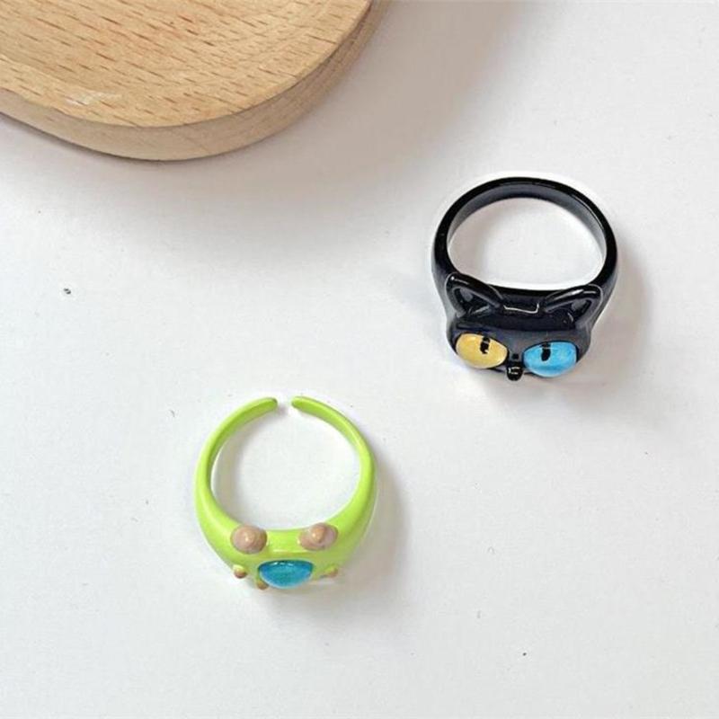 Funny Black Green White Cat Monster Ring Big Eyes Sweet Cool Cartoon Cute Girlfriends Couple Open Ring Gift Jewelry