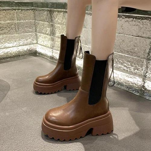 

мода PU кожа женская осенняя обувь увеличивающие рост сапоги до середины икры женские 2024 осень мода без застежек женские сапоги женская обувь 36 коричневый