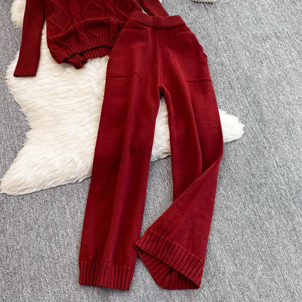 New Loose Knit Fried Dough Twists Sweater Suit Women's Winter High Waist Slim Straight Wide Leg Pants Two-piece Set