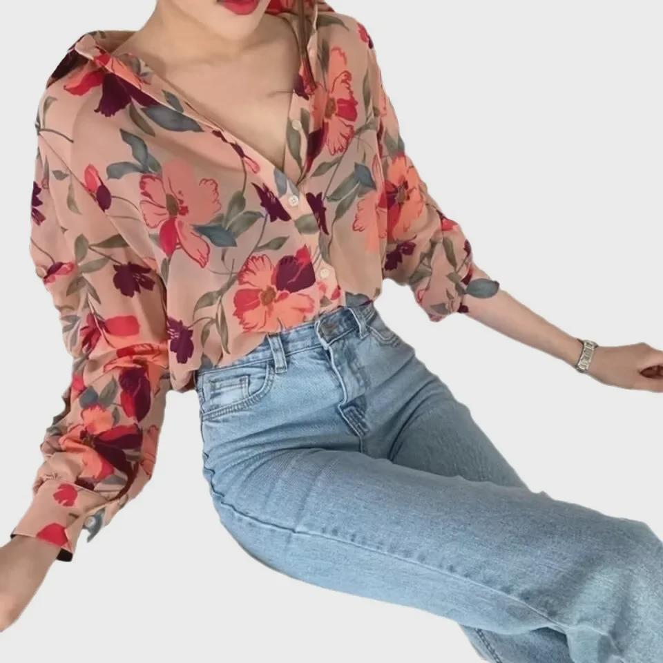 Elegantes Chiffon-Langarmtop mit Blumenmuster für Damen – Kollektion Frühjahr/Sommer 2025