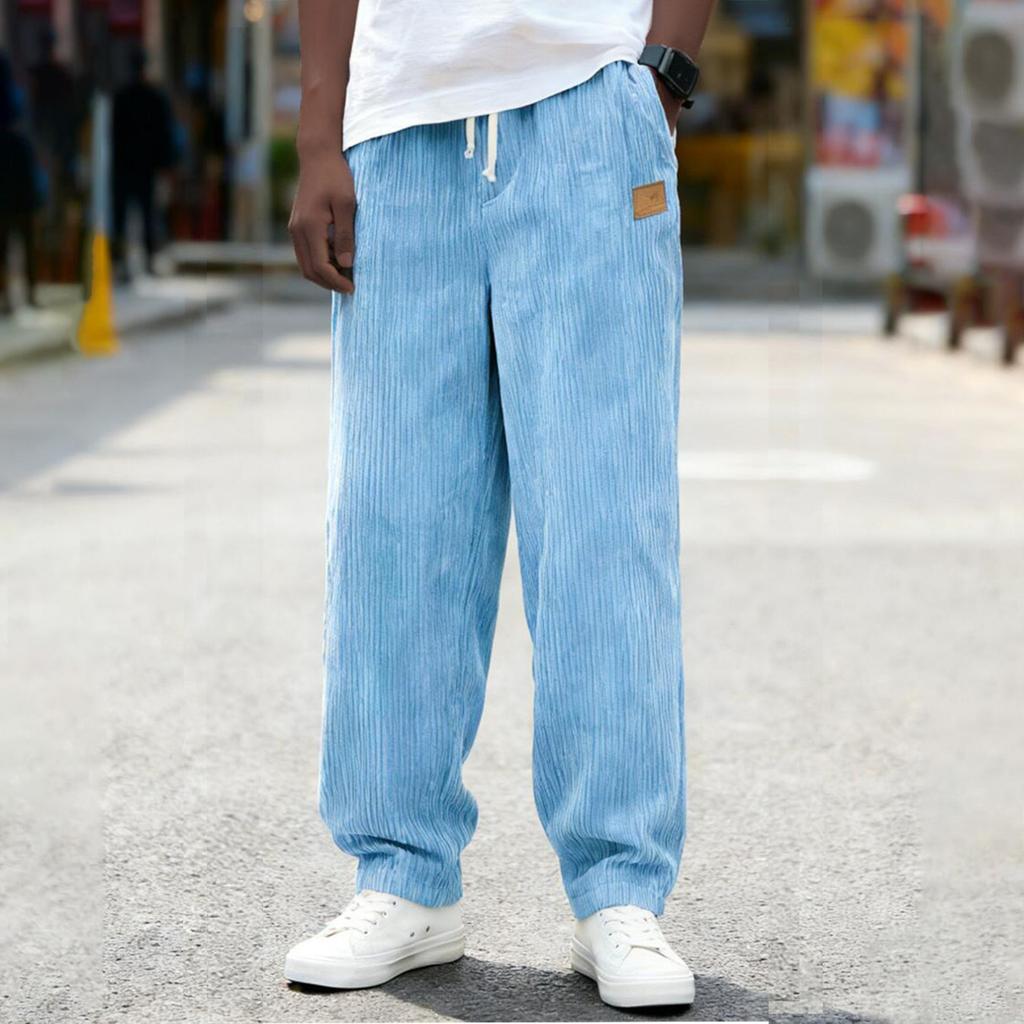 Men Loose Fit Drawstring Waist Corduroy Trousers Casual Straight Leg Pants with Pockets for Everyday Wear
