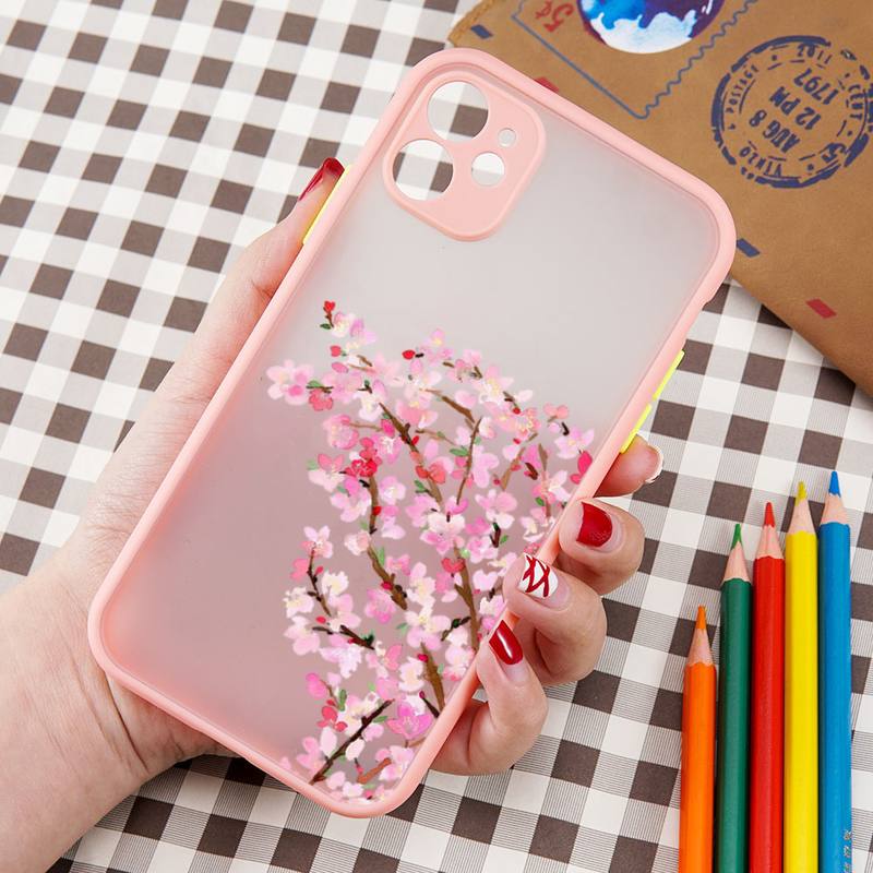 Pink Sakura Flower Cartoon Phone Case Matte Transparent  For Iphone 7 8 11 12 13 Plus Mini X Xs Xr Pro Max Cover