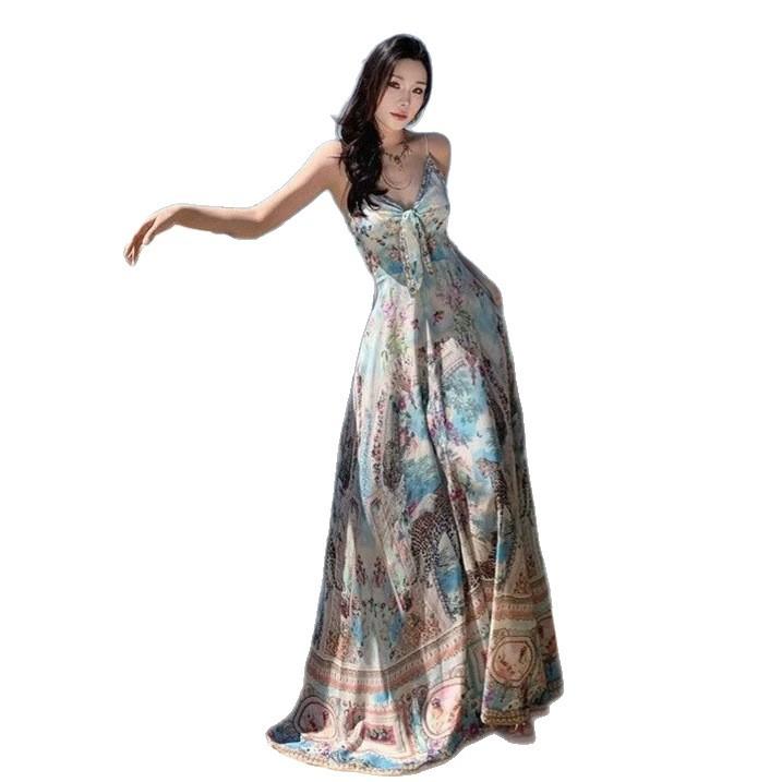 Seaside Vacation Bohemian Blue Floral Suspender Dress Women's Summer French Gentle Wind Sexy Temperament Long Dress