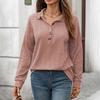 Women's Solid-Color Collared Long-Sleeve Top Button Neck Pullover