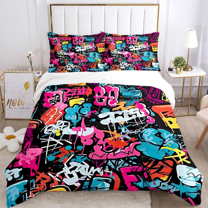 3pcs Graffiti Art Bedding Set - Includes One Quilt Cover and Two Pillowcases (No Core) - Home Decor, Festival Gift, Polyester Fabric, Anime Cartoon De