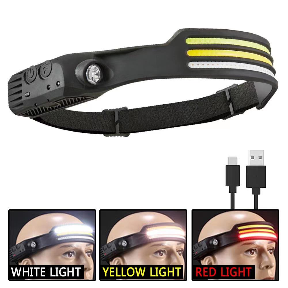 COB Silicone Dual Light Source LED Headlight: Strong Light for Outdoor Riding, Night Fishing, and Running with Red and Yellow Modes
