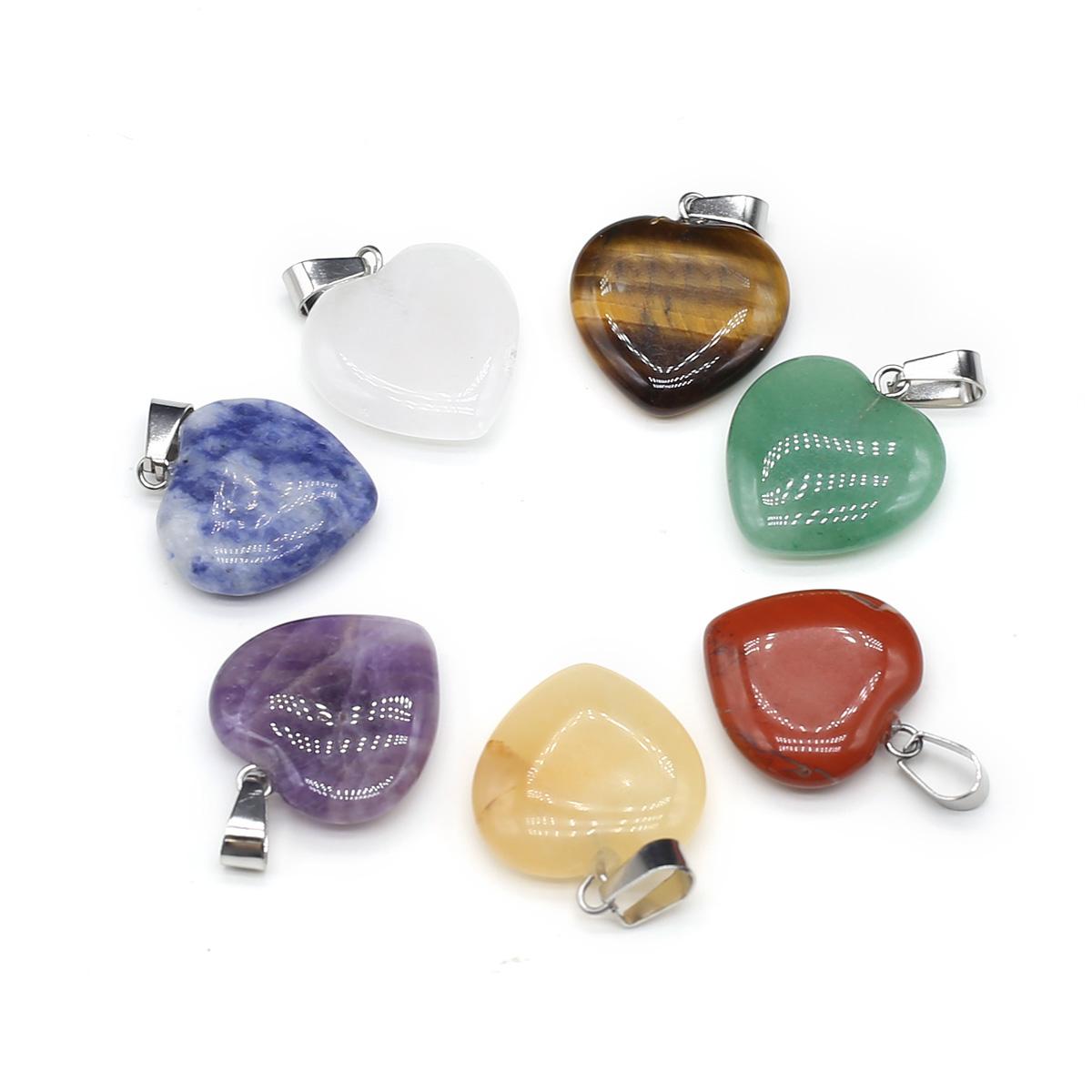 

7 шт./пакет, модный натуральный камень, кулон в форме чакры, в форме сердца, прозрачный кварц, аметист, подвески для изготовления ювелирных изделий, аксессуары для ожерелья «сделай сам», 20 × 20 × 6 мм