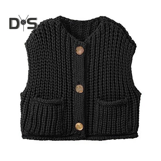 

Женский свитер-жилет с V-образным вырезом, без рукавов, на пуговицах, кардиган с карманами, однотонный, свободный крой, вязаный крючком топ M чёрный