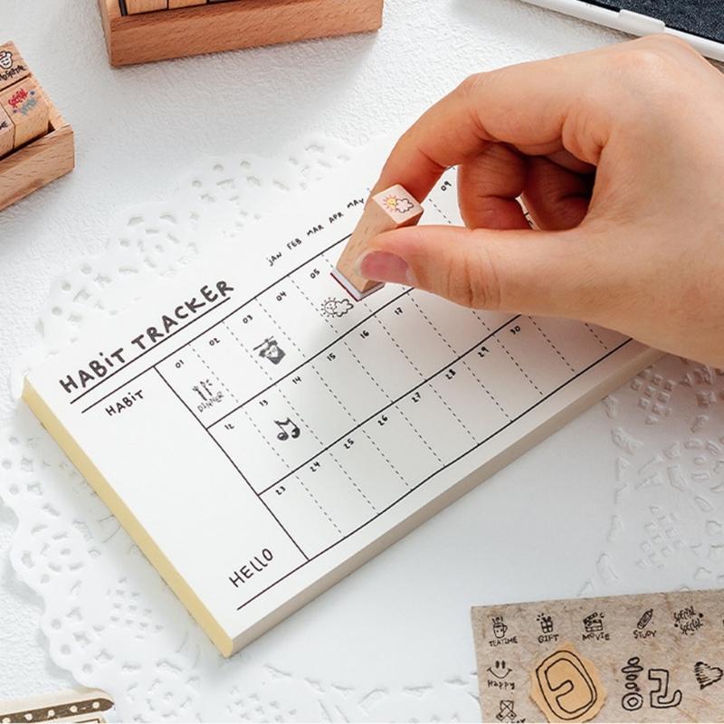 Planner Journal Seal Set with Wooden Tray, 8 Piece Paper Printing Tool for Scrapbook Work, Diary Use, and Label Tasks