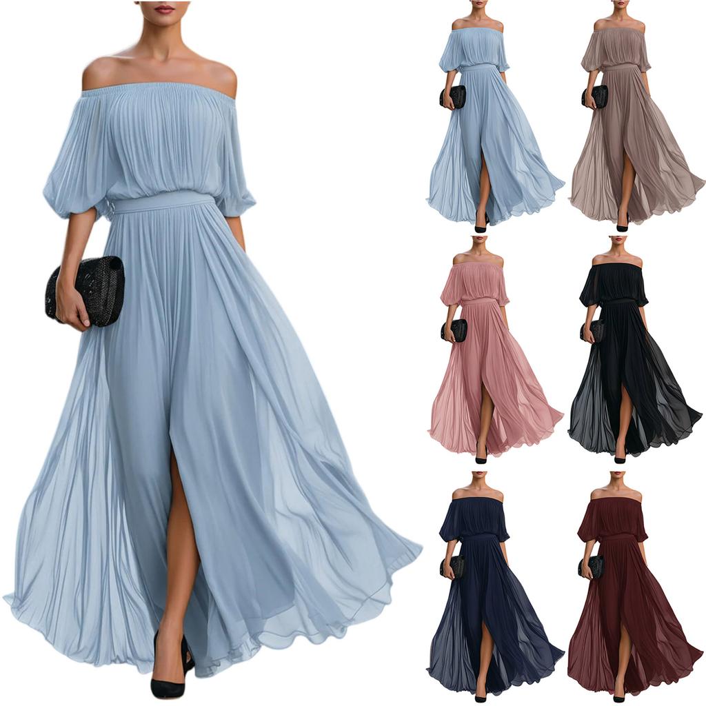 Off Shoulder Pleated Chiffon Maxi Dress for Women Elastic Waist Half Sleeve Long Evening Gown with Slit