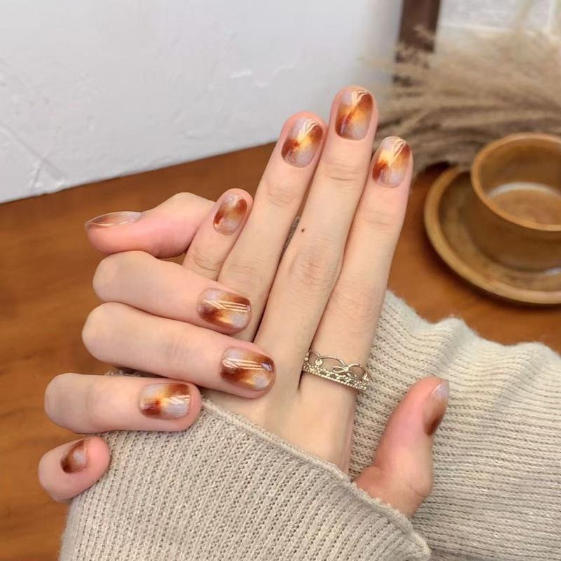 Gradient Amber Cat Eye Nail Art Stickers - Autumn/Winter Style M (For chubby hands, tall option)
