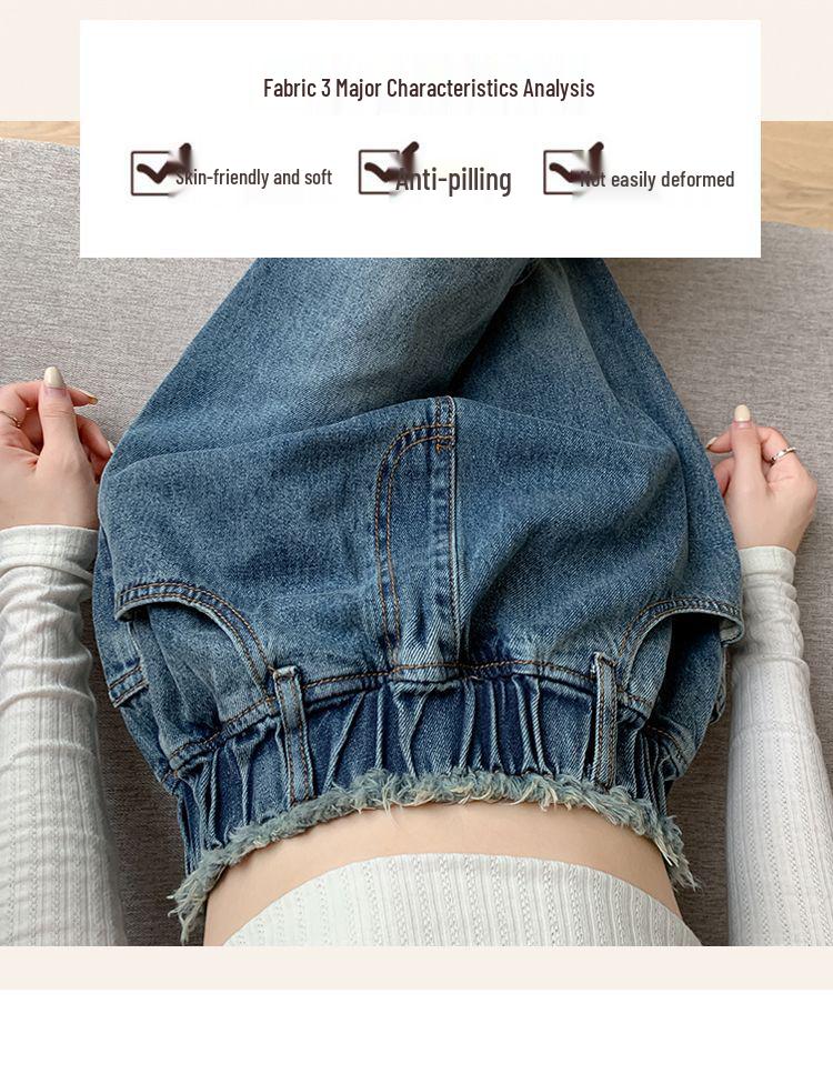 Women's Plus Size High Waist Fluffy Denim Jeans, Floor-Length, Wide Straight Leg, Loose Fit, Autumn/Winter, Slimming, Fits Up To 200 Jin