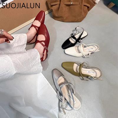 Modne SUOJIALUN 2025 Wiosna Nowe Damskie Sandały Modne Okrągły Nosek Eleganckie Damskie Buty Slingback Kwadratowy Niski Obcas Outdoorowe Szpilki Codzienne